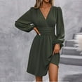 thumbnail image 5 of WTOBBY Women's Fashionable Solid Color V-Neck Long Sleeve Pleated Versatile Dress Lantern Sleeve Detail for Unique Style Flowy Pleats for Movement Wardrobe Essential,Army Green L, 5 of 8