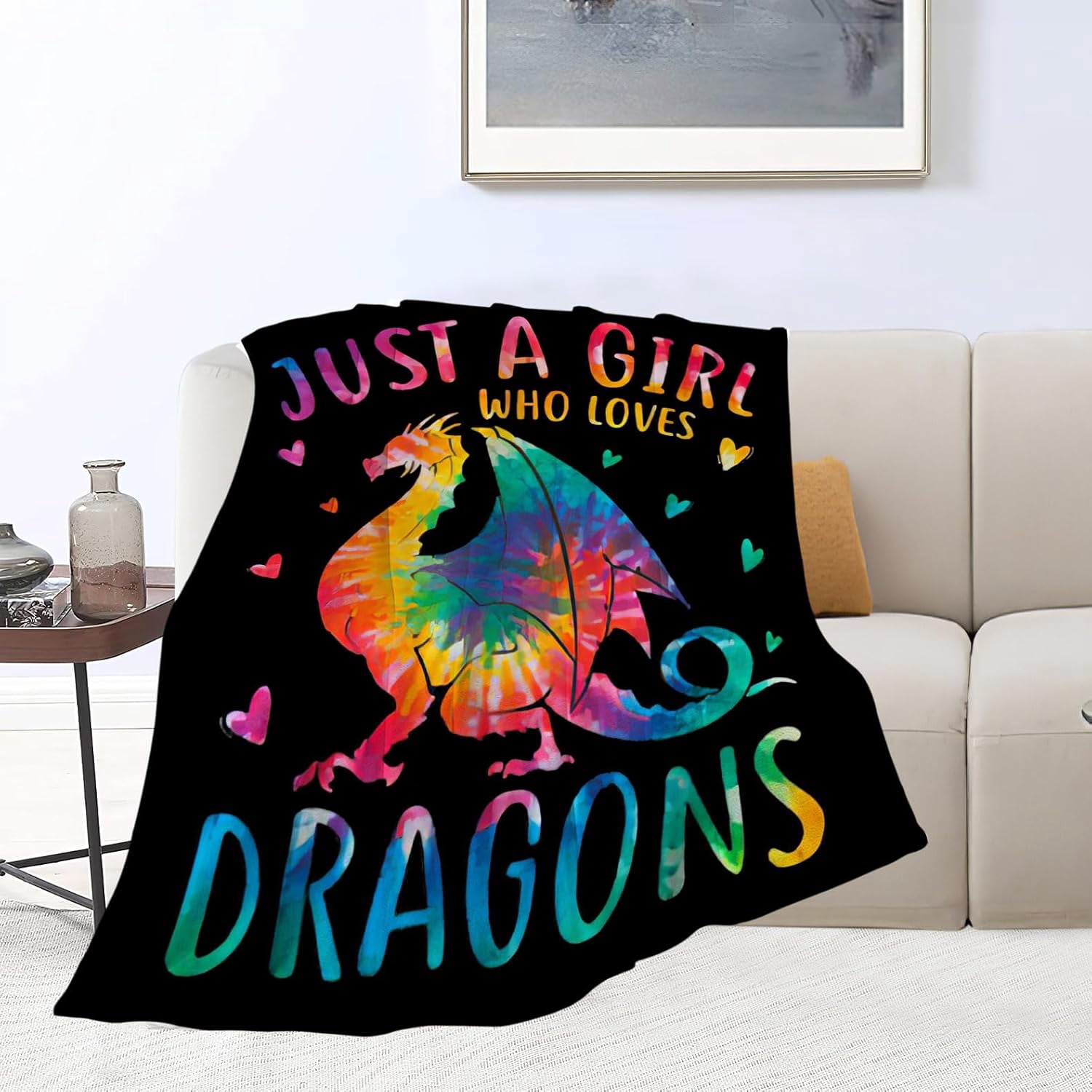 Just A Girl Who Loves Dragons Blanket Soft Warm Cozy Colorful Dragon Throw Blankets for Boys Girls Fuzzy Plush Blanket Fleece Lightweight Flannel Kid Adults Gift for Bed Couch Sofa 50"x40"