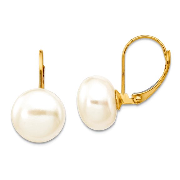 14K 10-11mm White Button Freshwater Cultured Pearl Leverback Earrings