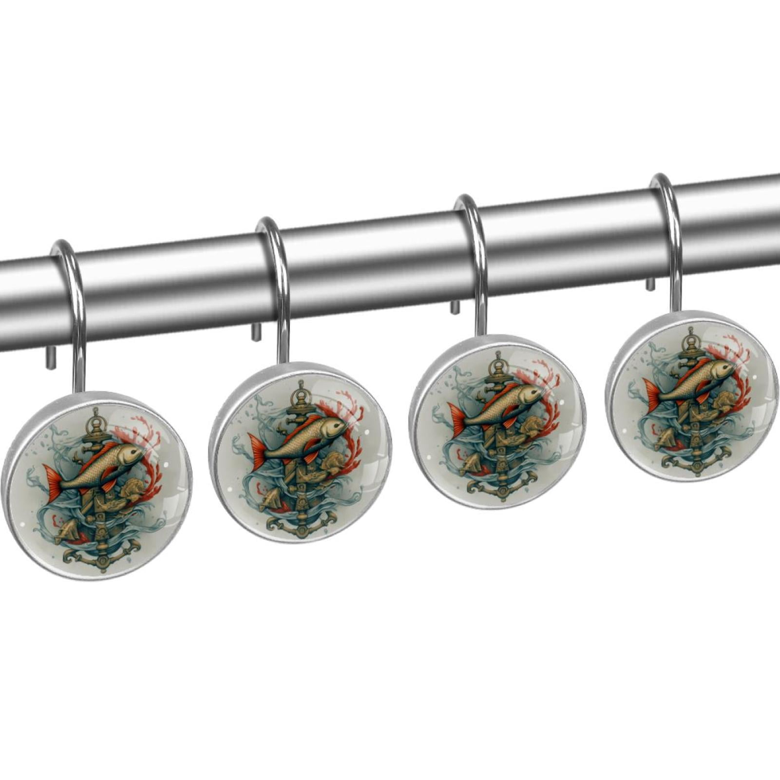 Anchor Fish Shower Curtain Hooks （Set of 12） for Home Hotel Shower Rods Bathroom Crystal Glass Print Stainless Steel Round Curtain Hooks