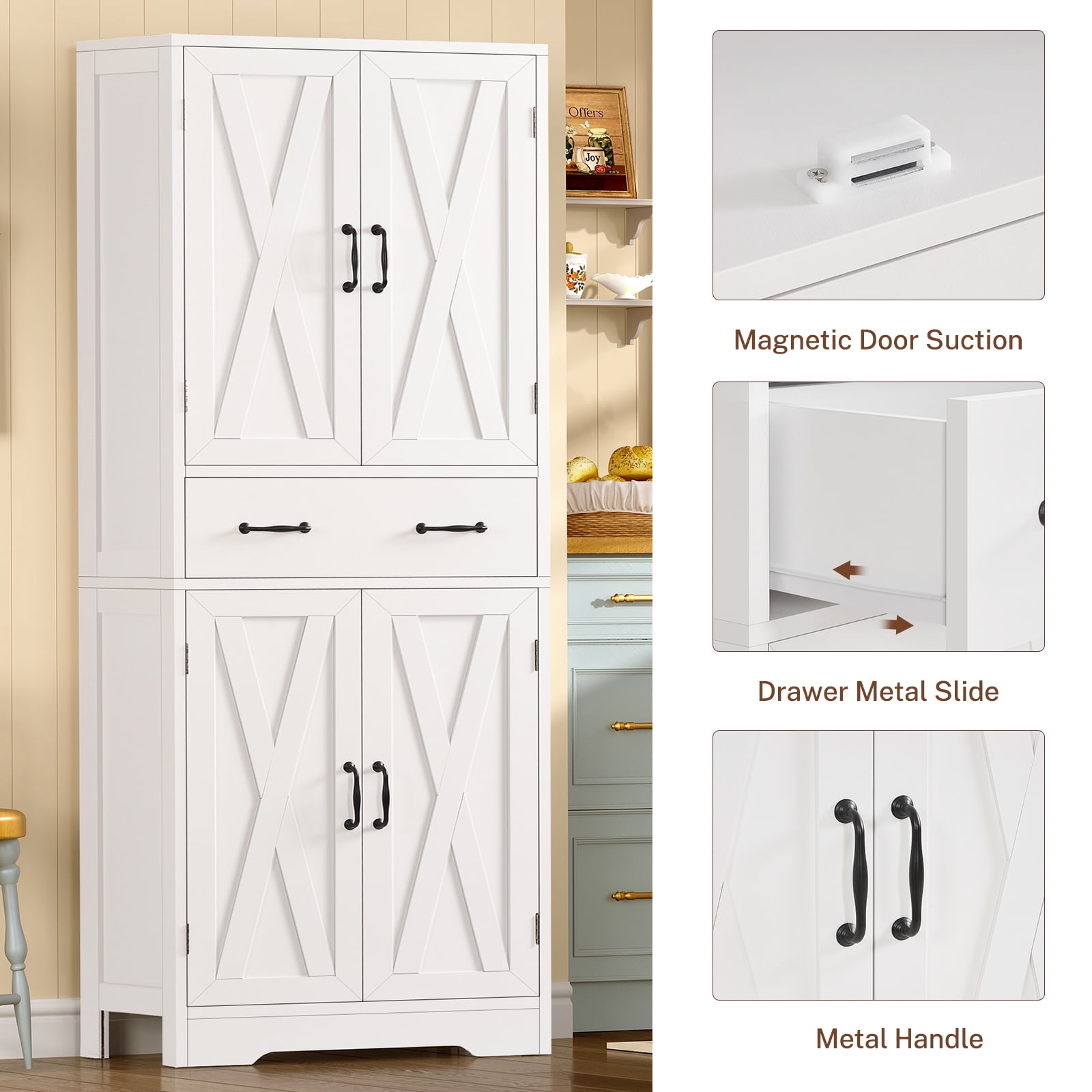 Tall Storage Cabinets with 2 Adjustable Shelves & 2 Drawers, Kitchen Pantry Cabinets, Bathroom Cabinets with 4 Doors, for Living Room, Kitchen, Bathroom, White