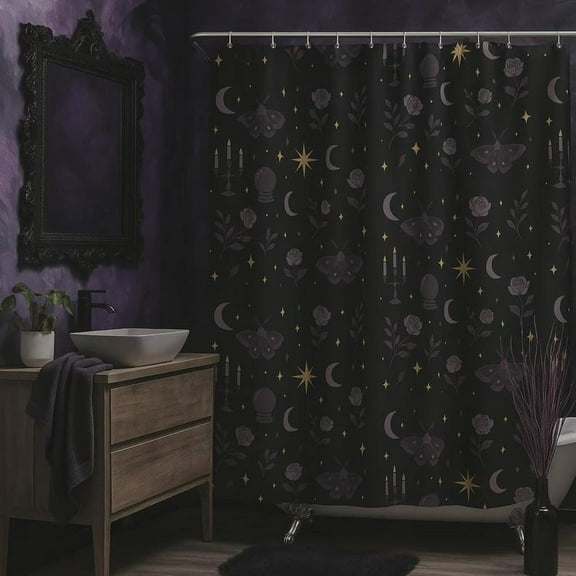 Halloween Shower Curtain Moon, Stars, Roses & Crystal Ball Gothic Bathroom Decor, Halloween Shower Curtain, Halloween Bath Decor, Halloween Aesthetic Bathtub Curtain