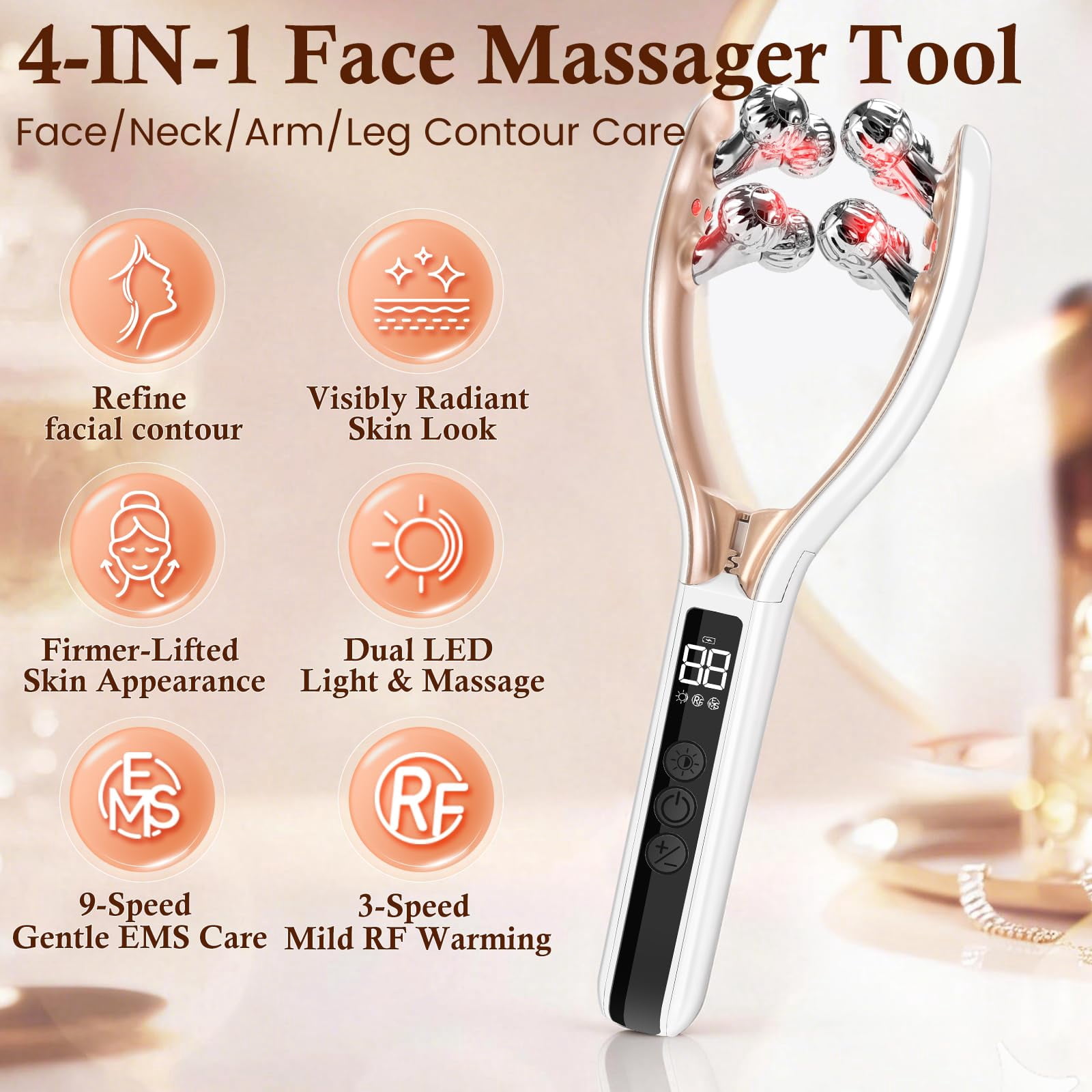 NexTone Face Massager Tool with Red Light, Face Sculpting Tool & Facial Roller for Women, Rechargeable Jawline Shaper and Neck Massager,