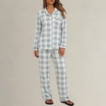 thumbnail image 2 of MVRLSH Lounge Pajama Sets for Women Plaid Print Lapel Button Long Sleeve Two Piece Loose Casual Sleep wear Summer Soft Comfortable Top Blue - L, 2 of 6