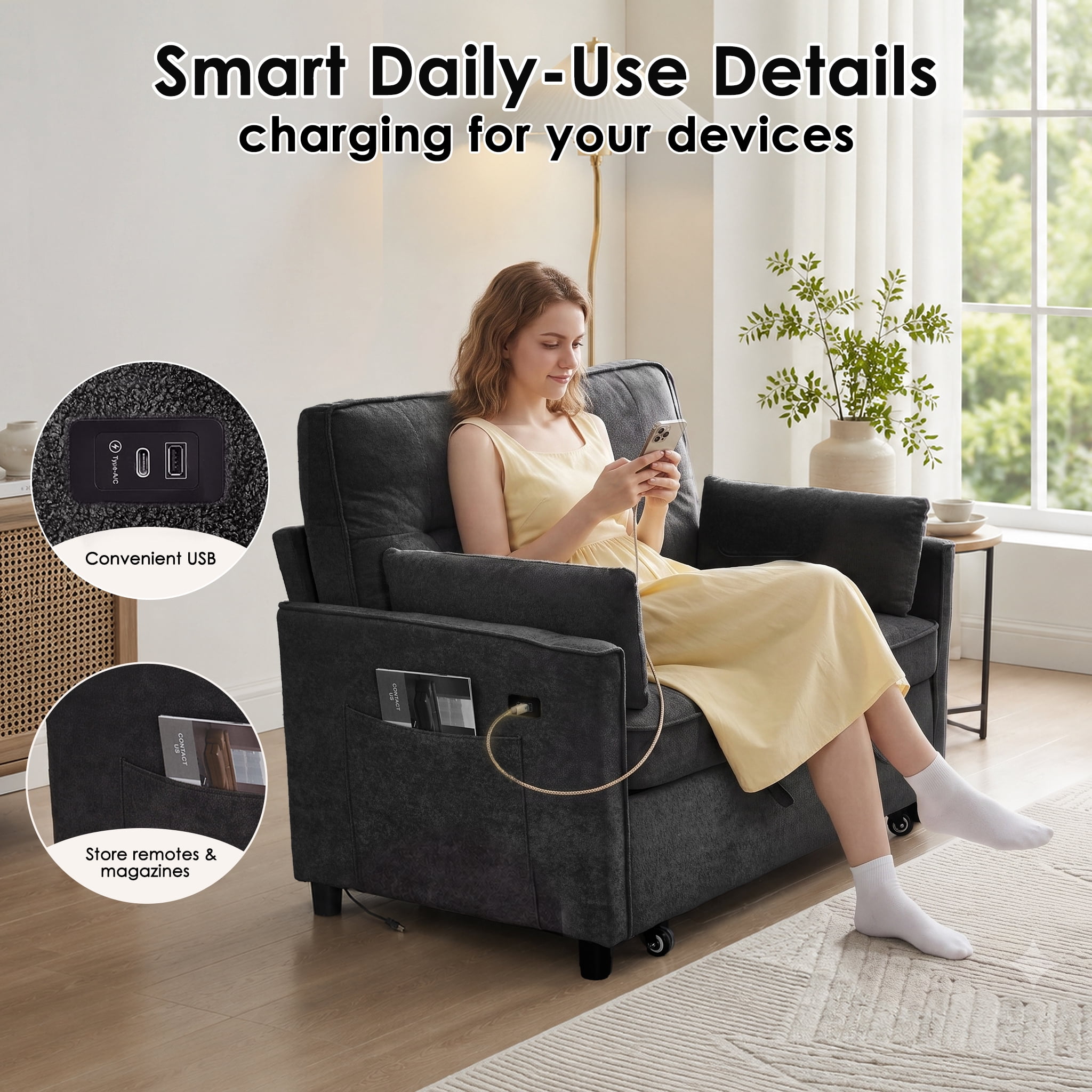 Anpport 54" 3‑in‑1 Convertible Sofa Bed, Towel Fabric, 3‑Position Adjustable Backrest with USB Charging Ports, for Living Room, Apartment, Dark Gray