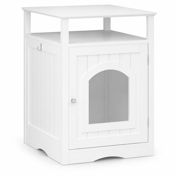 Cat Litter Box Enclosure Furniture, Wooden Cat House with Hidden Litter Box Cabinet, Storage Shelf & Side Hook, Modern Indoor Cat Condo Side Table for Living Room Bedroom Apartment, White