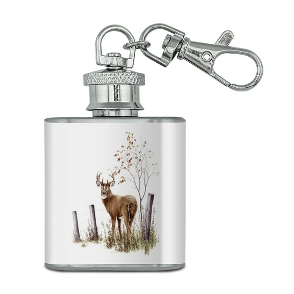 Deer Buck at the Fence Stainless Steel 1oz Mini Flask Key Chain