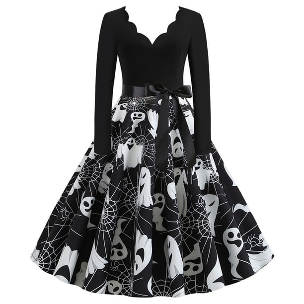 Vestido de fiesta vintage con estampado de cuello en V y manga larga para mujer de Halloween Fridja nalpqowj5056