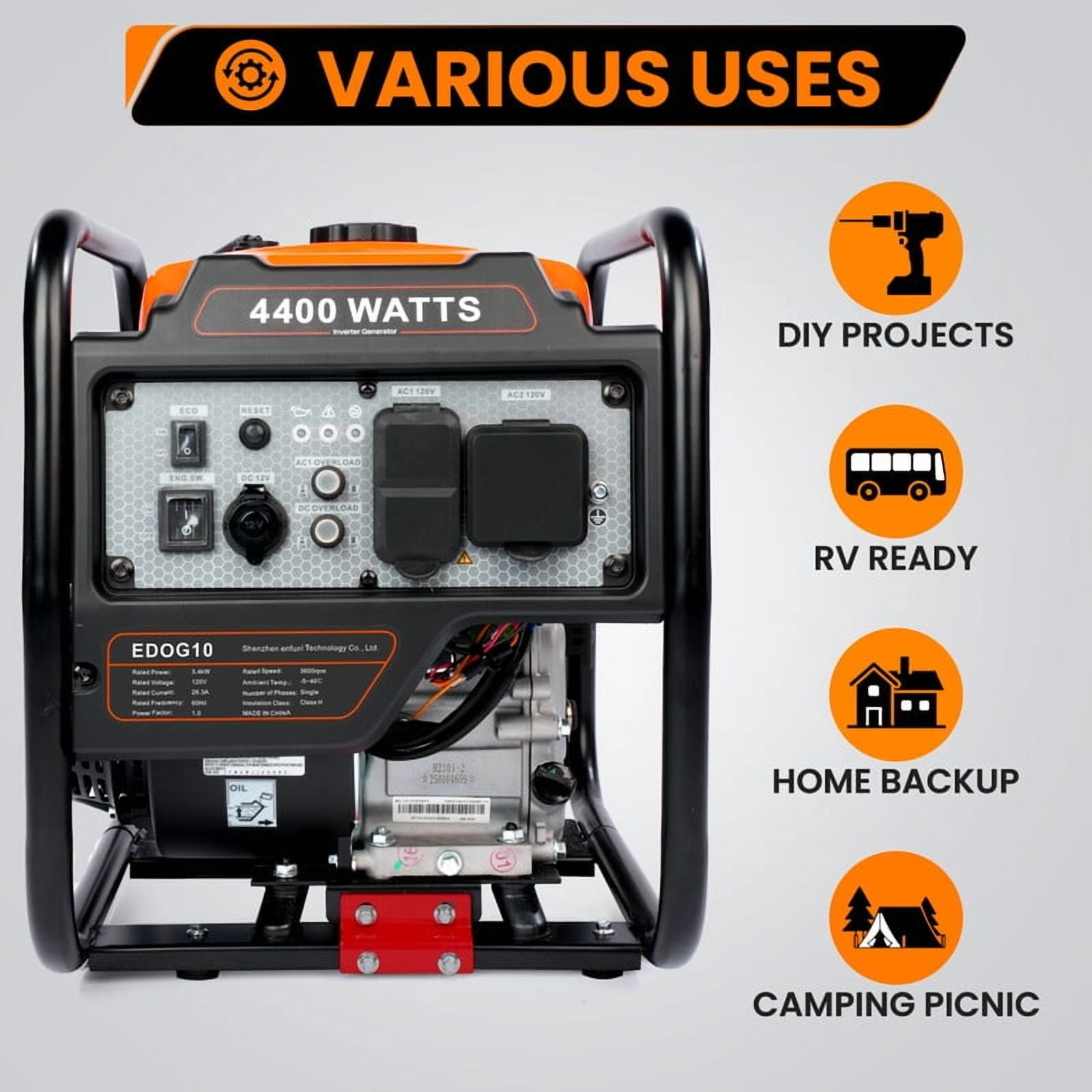 Efurden 4400W Inverter Generator Gas Powered, Portable Gas Generator for Home and Outdoor Use, Leightweight and ECO Mode