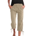 thumbnail image 1 of Women's Solid Color Drawstring Cropped Linen Pants - Casual Capri Trousers, Breathable Polyester Blend, 1 of 6
