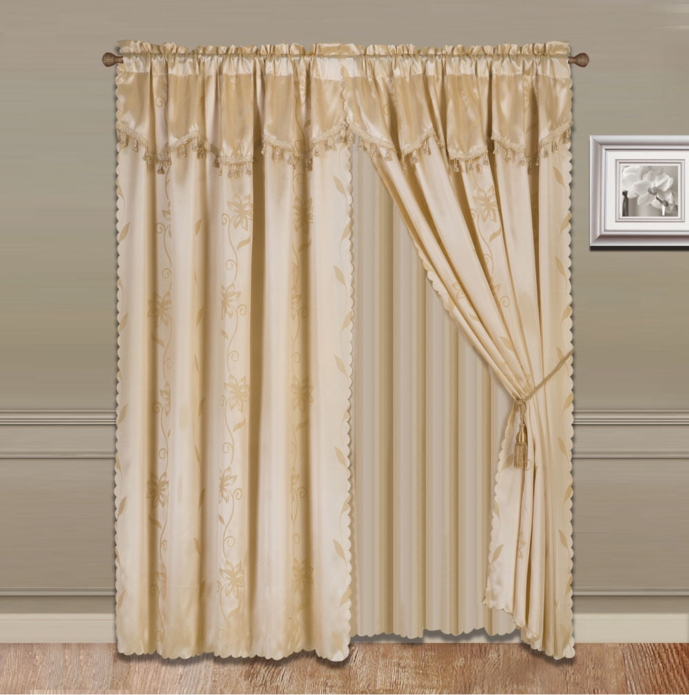 NADA GOLD COMPLETE WINDOW CURTAIN SET 2 panels faux silk LEAF FLORAL 2