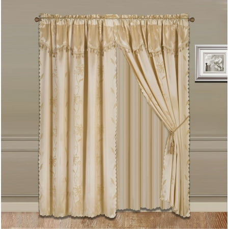 NADA GOLD COMPLETE WINDOW CURTAIN SET 2 panels faux silk LEAF FLORAL 2 PANEL solid SHEER 2 attached VALANCE 2 TASSEL THICK HEAVY WINDOW CURTAIN drape 84" LENGTH