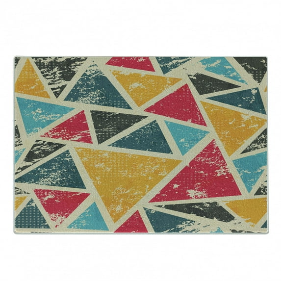 Retro Cutting Board, Funk Art Abstract Geometric Grunge Triangles Murky Graphic Design, Decorative Tempered Glass Cutting and Serving Board, Small Size, Multicolor, by Ambesonne