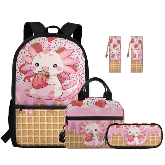 Jeiento Strawberry Kids Backpack Set 5 Pcs 17 Inch Lightweight School Bag for Girls with Lunch Bag, Pencil Case and Bookmarks Cute Backpack for 9-12 Years Old