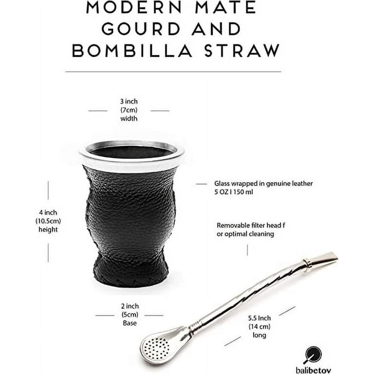 BALIBETOV [New Leather & Glass Yerba Mate Gourd Set (Mate Cup)  with Yerba Mate Bombilla (Straw) (Black): Teacups