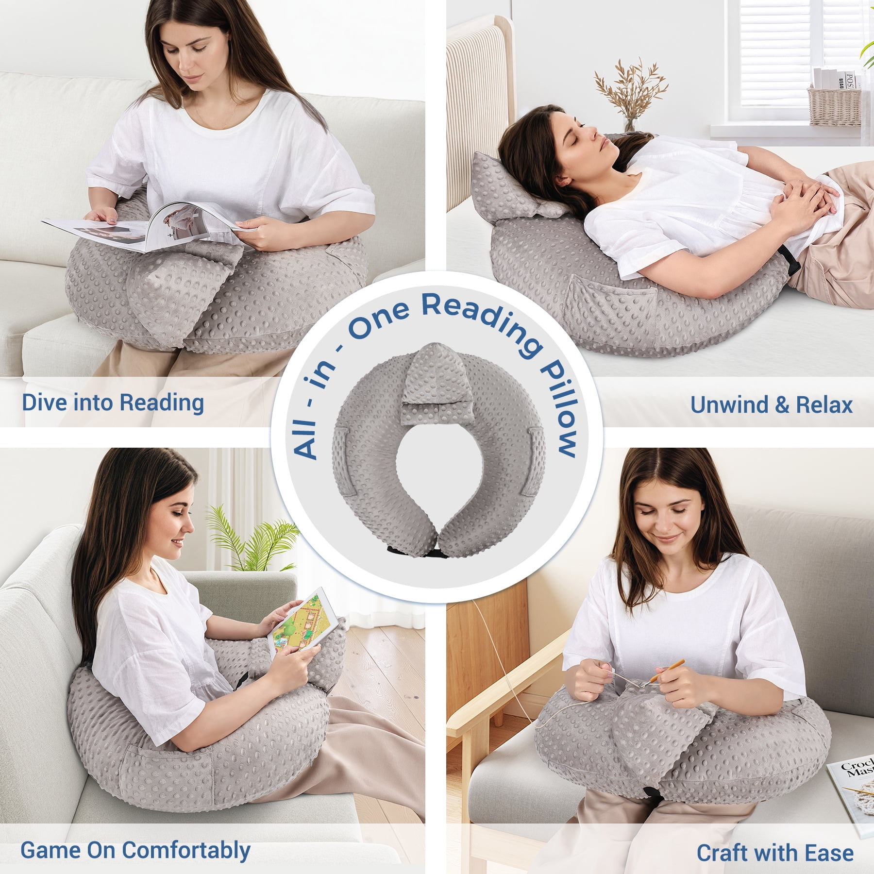 Reading Pillow for Gaming, Lap Desk Pillow for Sitting in Bed or Sofa, Compact Arm Support Pillow for Reading, Playing or Crocheting,  Grey