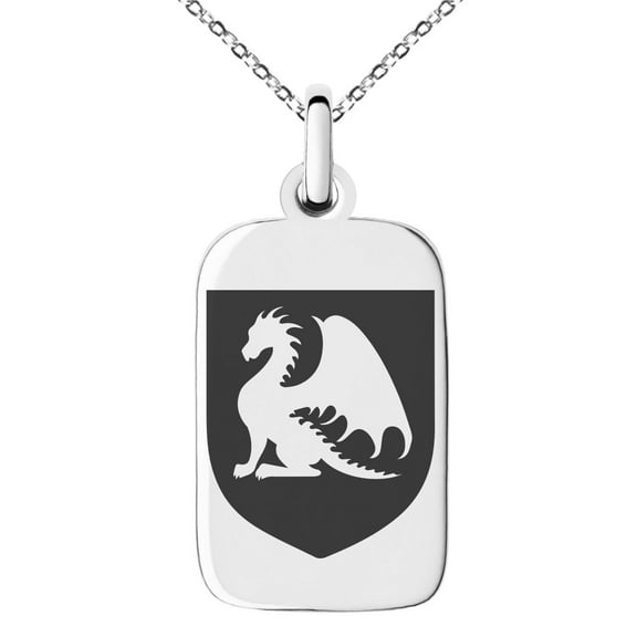 Stainless Steel Dragon Guardian Coat of Arms Shield Engraved Small Rectangle Dog Tag Charm Pendant Necklace
