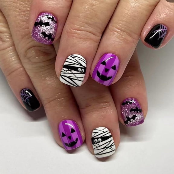 SELVORIA 24Pcs Halloween Press On Nails Short Square Fake Nails Acrylic Nails Press Ons Purple False Nails With Mummy Bat Spider Designs Full Cover Glue On Nails Halloween Stick On Nails For Women