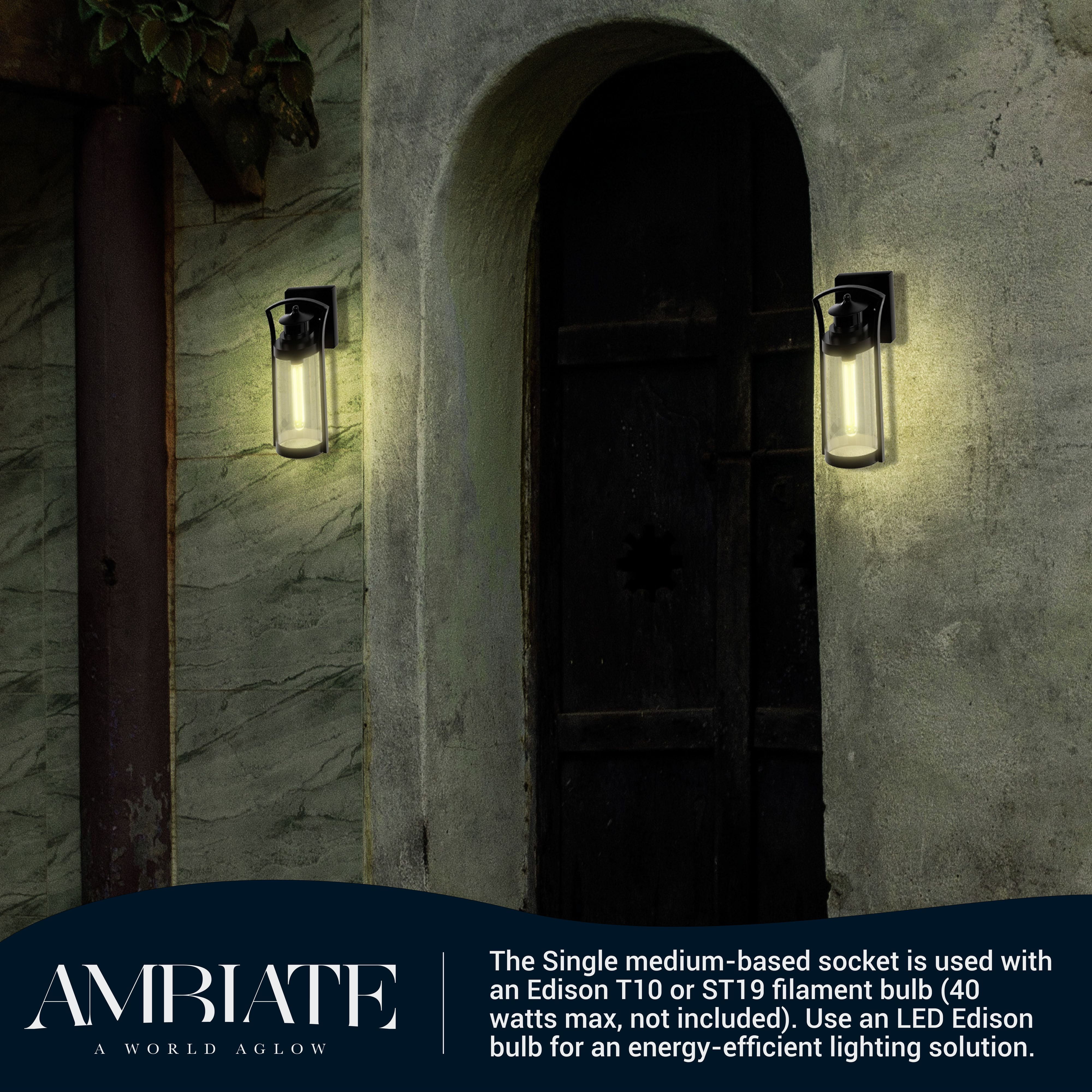 Ambiate Crespa Lantern-Style Wall Sconce, Motion Sensor, Medium Base (E26) Socket, Black Finish, Clear Glass Shade, for Porches, Patios, Garage Openings, Commercial or Residential, ETL