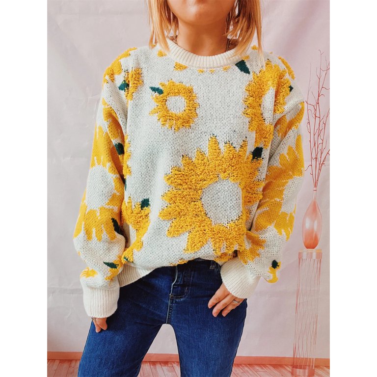 Women's Fashion Casual Sunflower Jacquard Round Neck Long