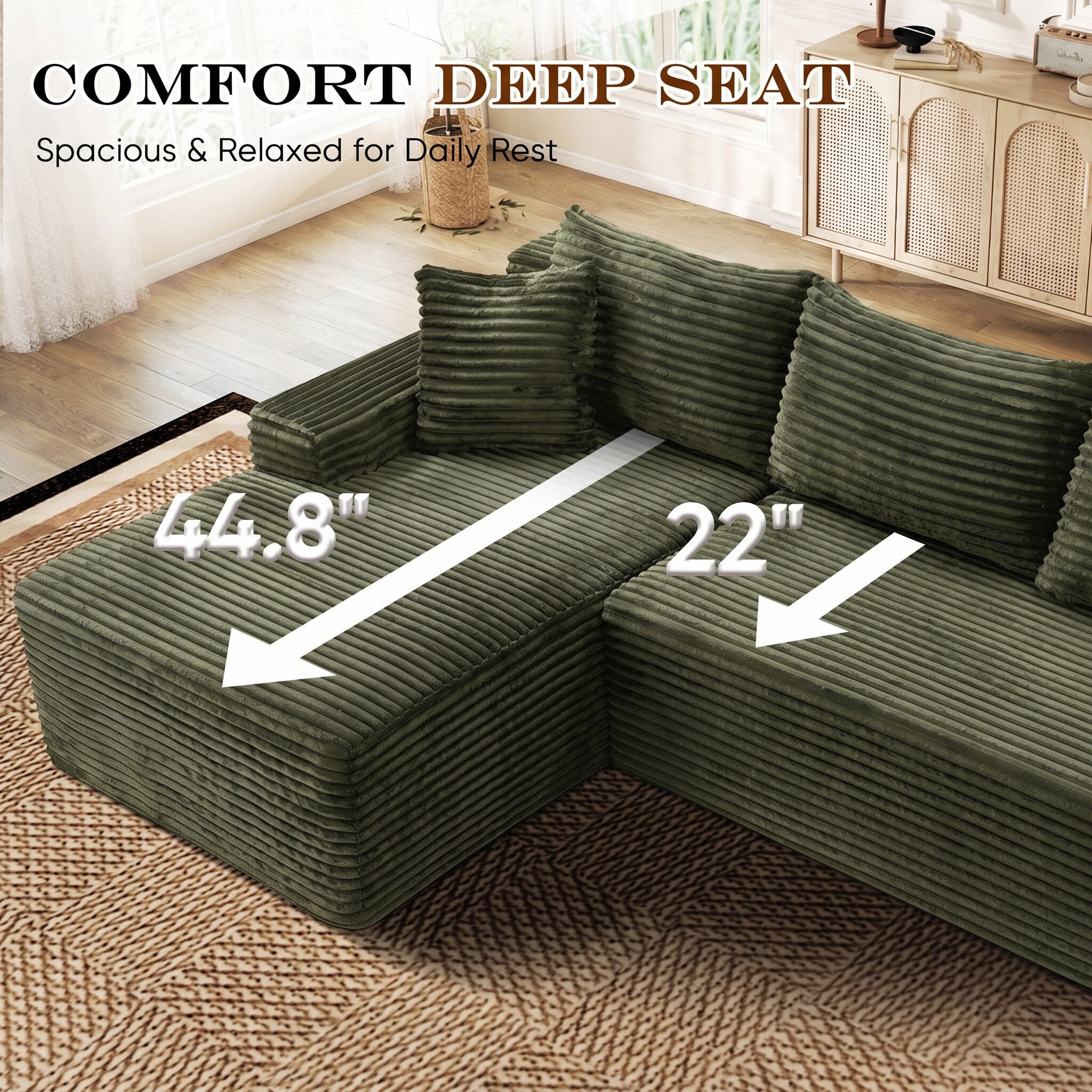 Lunale Small Modular Sectional Sofa with Movable Chaise, L-Shaped Boneless Cloud Couch for Living Room, Green (Left Facing Chaise)