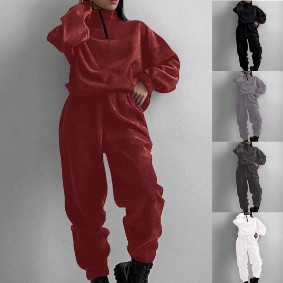 Idoravan Womens 2 Piece Outfits Set Fashion Women Casual Solid Long Sleeve 1/4 Quarter Zipper Hoodies Hoodless and Pockets Elastic Waist Sweatpants Round-Neck Sweatshirts Sets