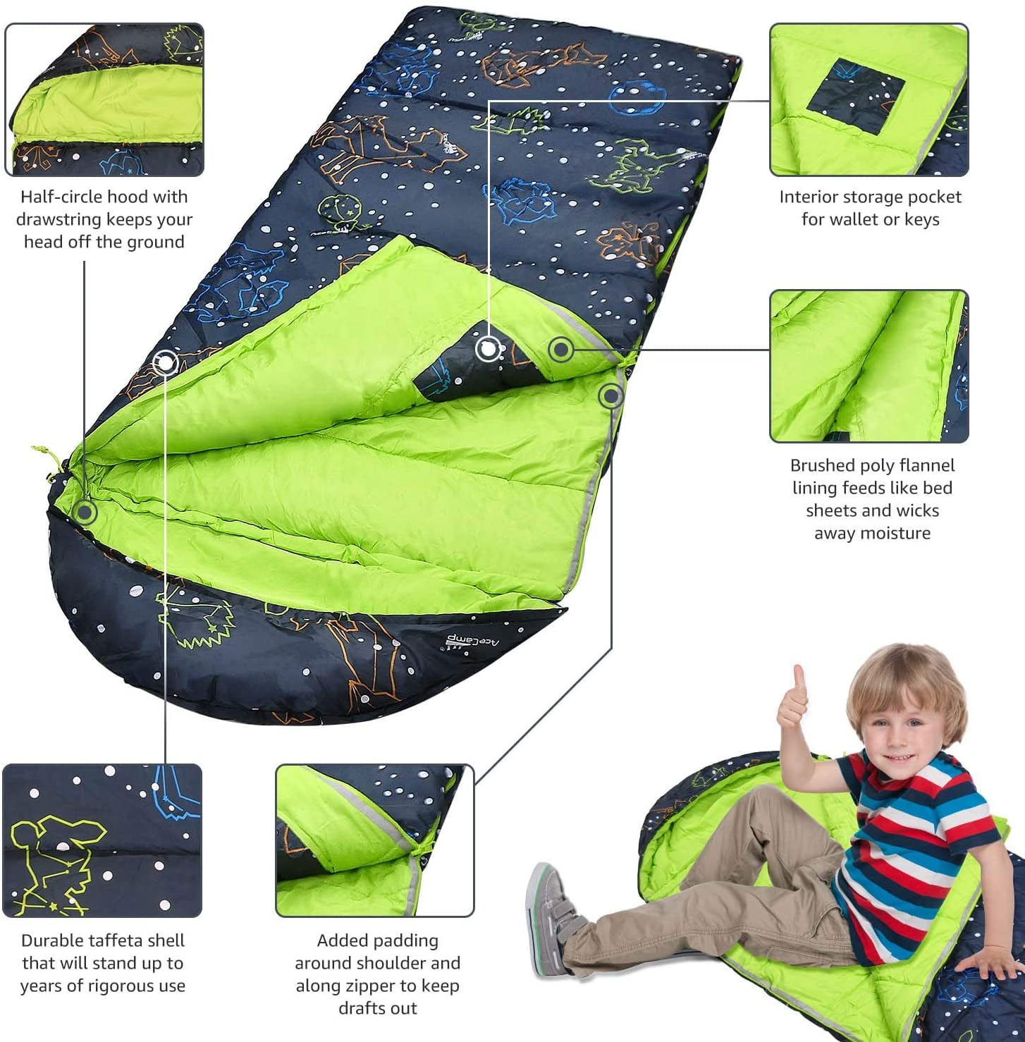 AceCamp Kids Sleeping Bag, Glow-in-The-Dark Sleeping Bag For Kids And ...