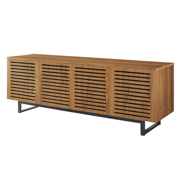 Media TV Stand Console Table, Rectangular, Wood, Metal Steel, Brown Walnut, Modern Contemporary Urban Design, Living Lounge Room Hotel Lobby Hospitality