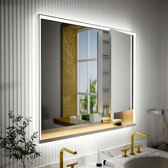 Ample 42" W x 36" H LED Lighted Chrome Medicine Cabinet with Mirror and Shelves for Bathroom Recessed or Surface Mount