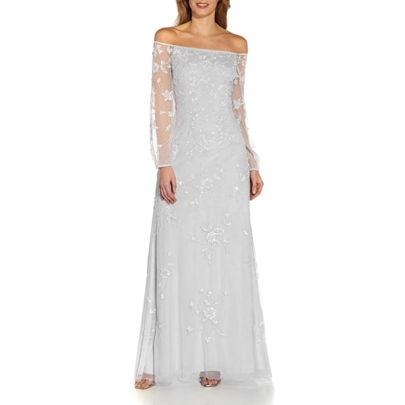 Adrianna Papell Off The Shoulder Long Sleeves Back Zipper Long Beaded Dress-IVORY BISCOTTI / 2