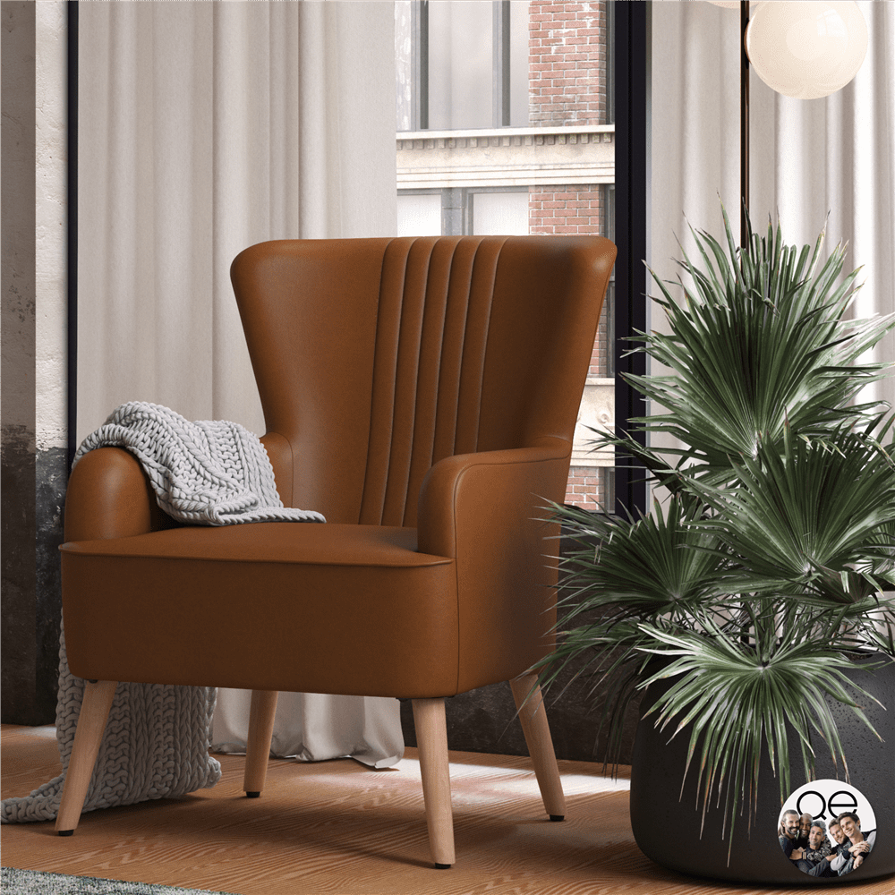 Queer Eye Wynn Accent Chair, Living Room Armchair, Camel Faux Leather