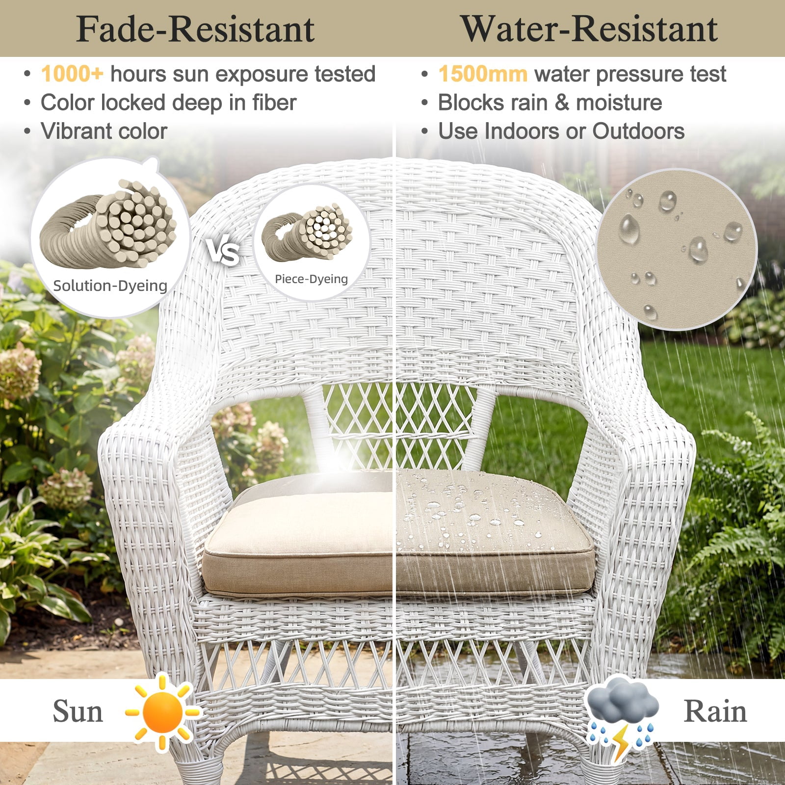 BPS 18" x 19" Outdoor Chair Cushion, Fade Resistant Patio Seat Cushion Pads with Ties, Set of 4 - Khaki