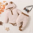 thumbnail image 4 of Jinhomg Cotton Knit Outfits for Baby Girl Cute Bear Ear Hooded Romper with Cinch Bottom Pants and Hairbands Toddler 3 Piece Fall Winter Comfy Set Fall Saving Khaki 0 Months, 4 of 10