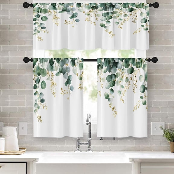 Window Valance for Windows, 52x39 Inch, 3 Pack, Eucalyptus | Sage Green Leaves Watercolor Spring Rod Pocket Cafe Curtain Drapes for Living Room Bedroom Bathroom Kitchen Over Sink Decor