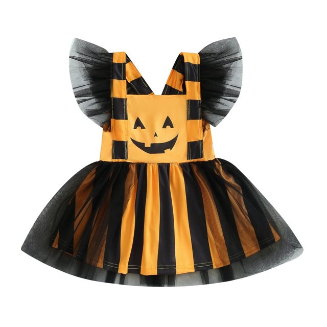 Robe de Bébé Fille Princesse Halloween à Rayures de Citrouille Robe Cintrée pour Beach Party