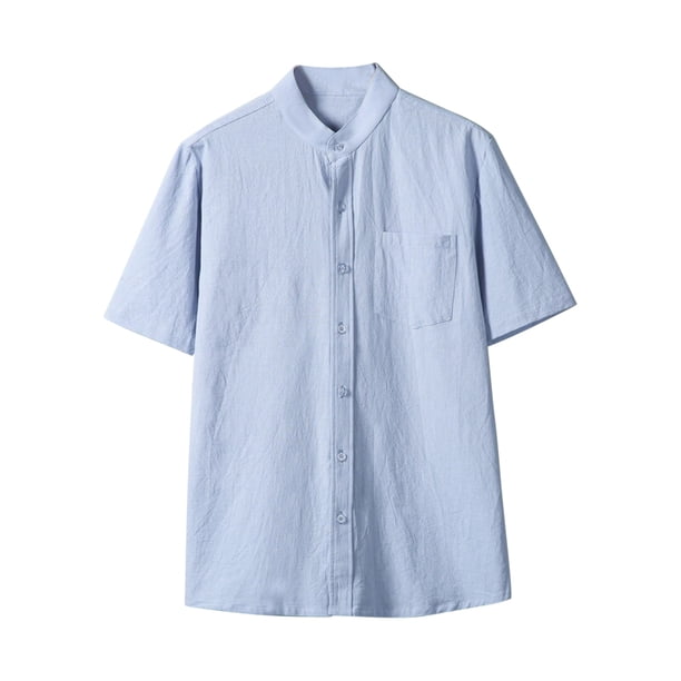 Camisa de Botón de Manga Corta de los Hombres, Holiday Casual Color Sólido, Camisa de Bolsillo de Cuello de Pie