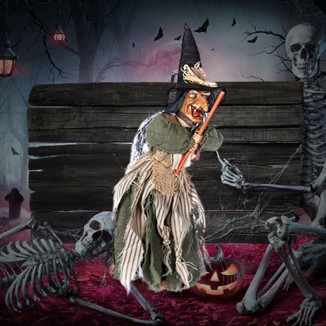 AKEGAMN Liquidation! Sorcière Debout Animée d'Halloween Format Grand Sorcière Animatronique avec Phrases Préenregistrées Bras Articulés Rouges Lumineux Idéale pour la Déco Effrayante des Fêtes d'Halloween Accessoire Intérieur/extérieur Hallowe
