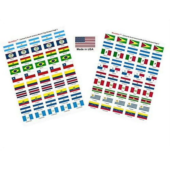 Made in USA! 100 Stickers Representing Central and South America; 1.5" x 1" Self Adhesive World Flag Stickers, Two Sheets of 50, 100 Central and South American Sticker Flags Total