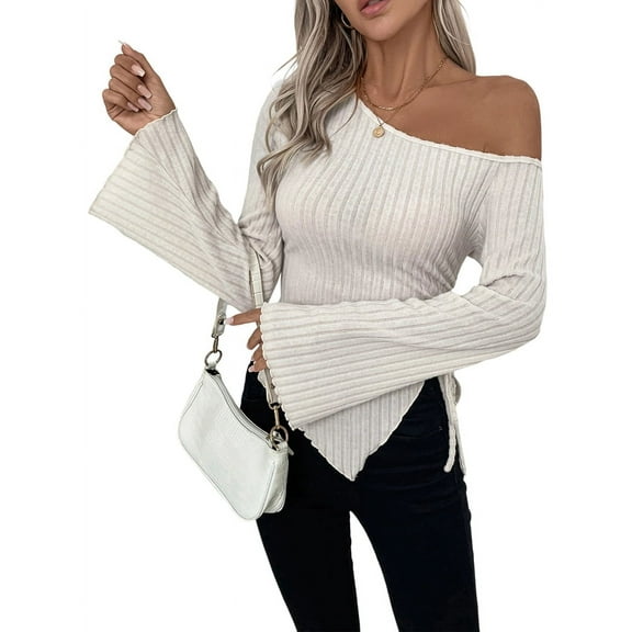 Women'S Y2K One Off the Shoulder Fitted Knit Top Asymmetrical Bell Long Sleeve Top  S