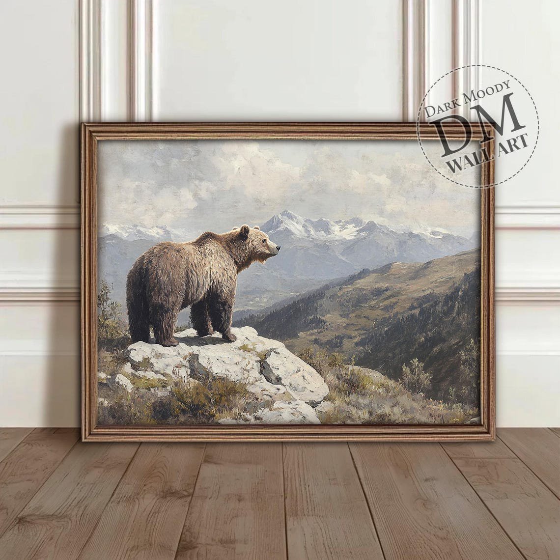 Grizzly Bear Mountain View Wall Art Print, Moody Rustic Wilderness Animal, Nature Inspired Living Room Decor