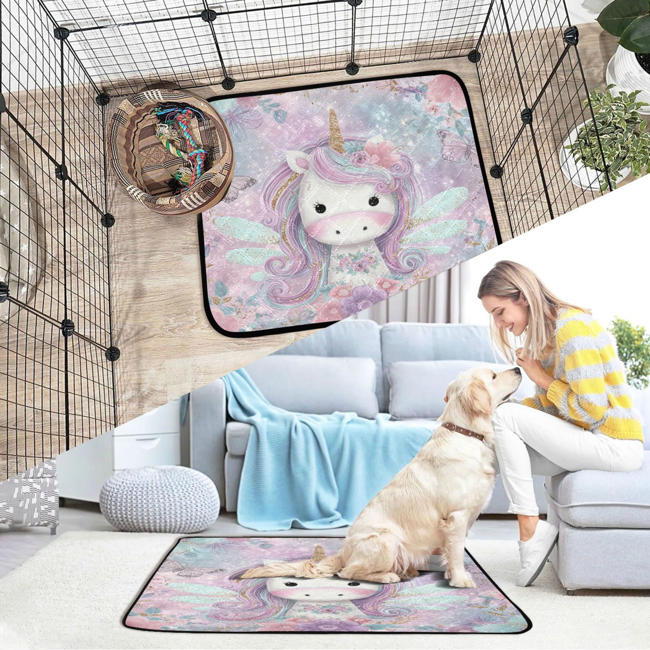 Qxltty Beautiful Unicorn Cat litter Pads Pet Set of 3 Diaper Mats Center Anti-leakage Layer Absorbent Soft and Comfortable