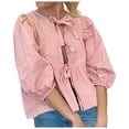 thumbnail image 4 of Spring Tops for Women Strap Front Top Leopard Print Ruffle 3/4 Length Puff Sleeve Hat Womens Shirts Pink XL, 4 of 5