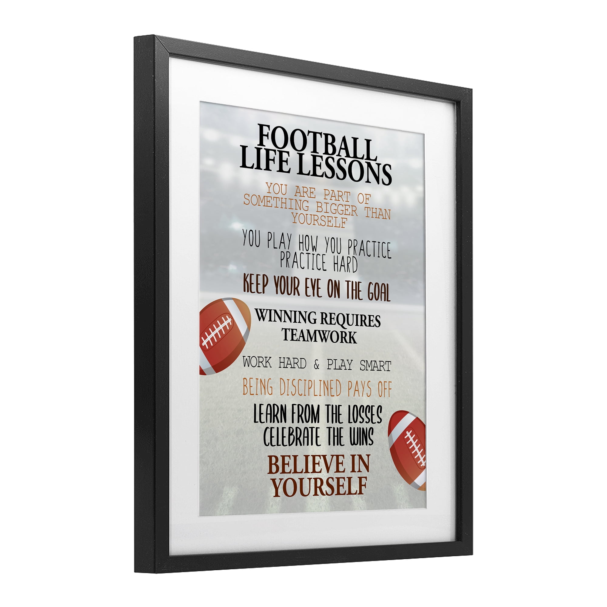 Football Life Lessons Black Framed Print Under Glass, design by Kim Allen