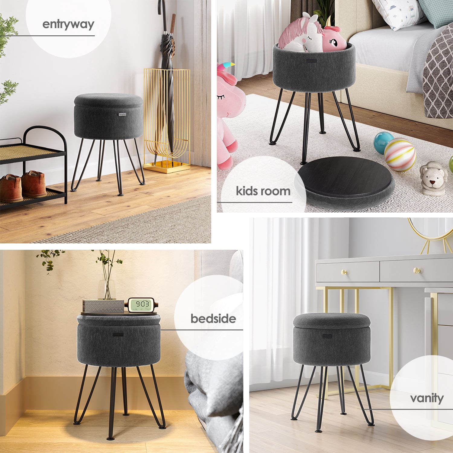 LammaLoe Small Round Ottoman with Storage, Textured Velvet Ottoman Foot Stool with Lid, Upholstered Vanity Stool for Living Room & Bedroom, Green