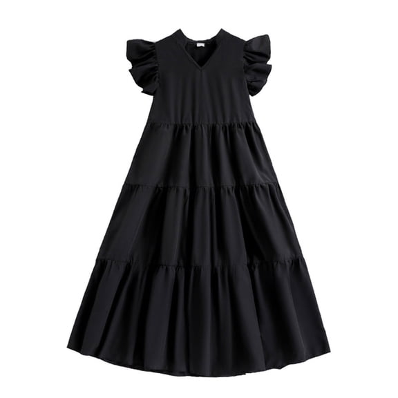 Kid Girl Dresses Flutter Sleeve Tiered Swing A-Line Cotton Black Dress Girls Birthday Dress For Girls Fancy Dress