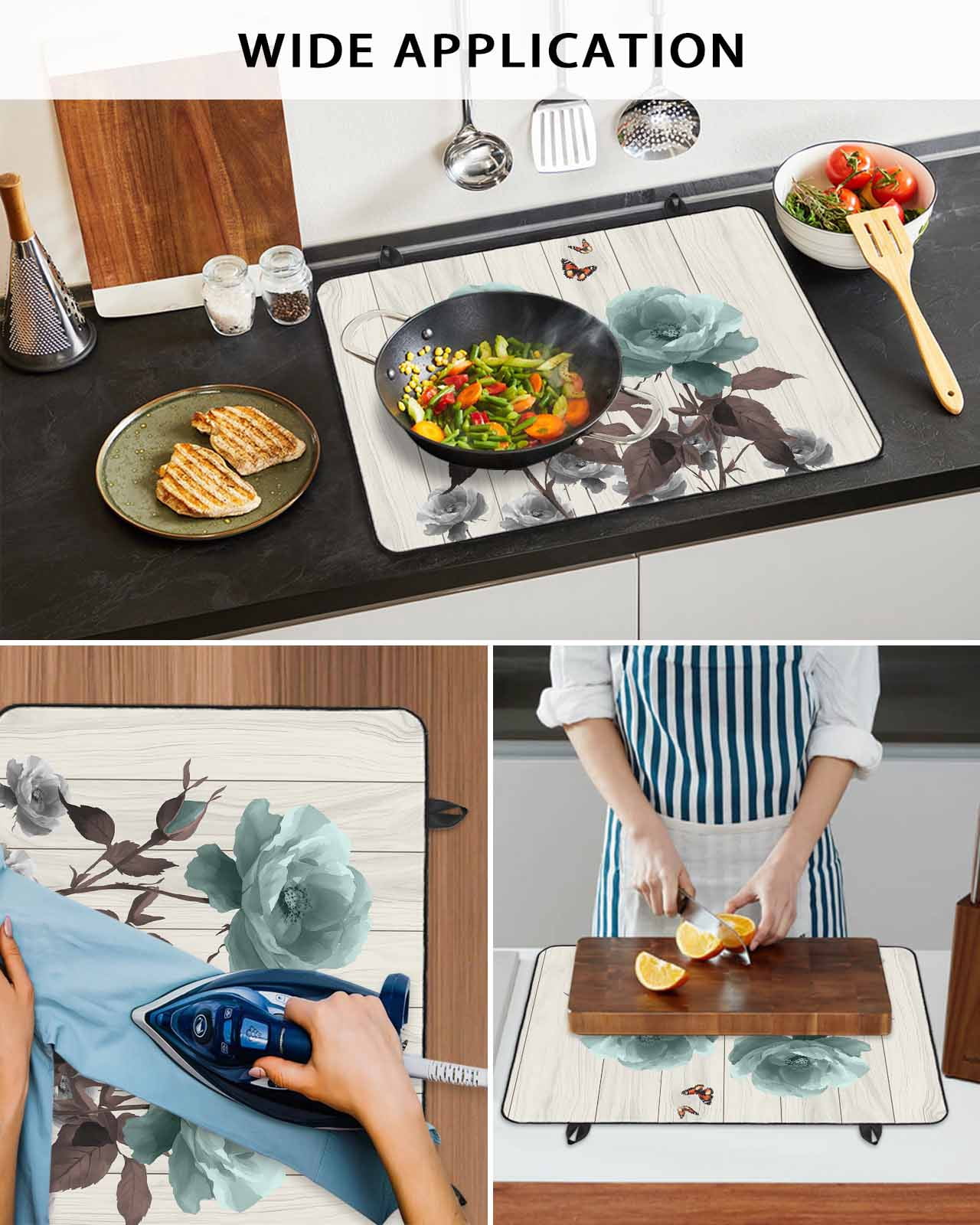 nqOlkjepod Large Induction Cooktop Protector Mat 24"x21", Teal Flowers Stove Top Covers for Electric Stove, Farmhouse Florals Butterfly Wooden Grain Stove Burner Cover Mats, Glass Top Stove Cover