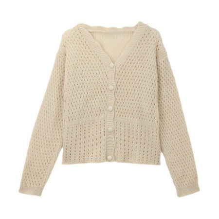 

Womens Long Sleeve V-Neck Thin Cardigan Vintage Hollow Out Knit Button Down Solid Color Sweater for Jacket Coat Outwear