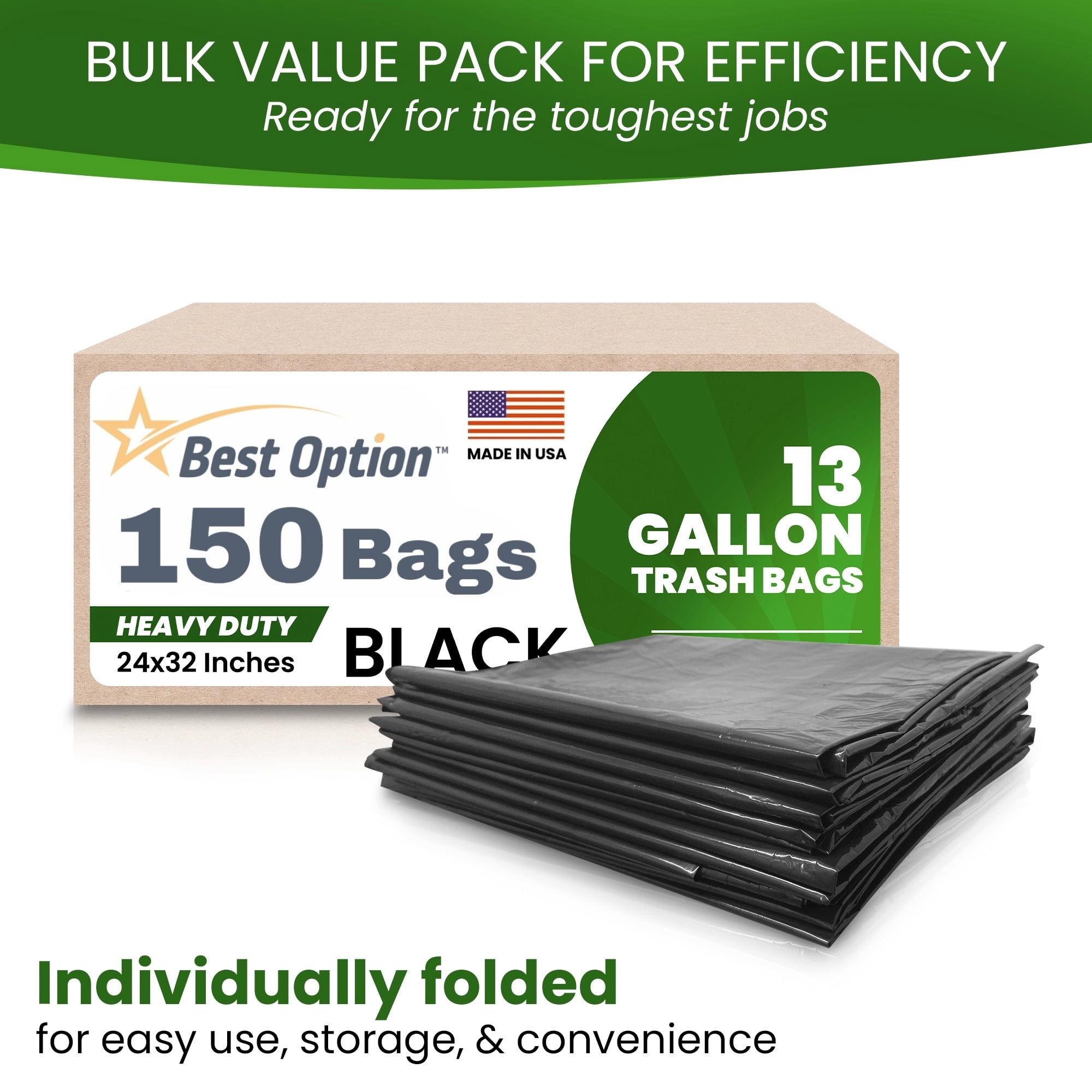 Best Option 13 Gallon Black Trash Bags, 150 Count Box, (24x32-inch) Commercial Heavy-Duty Garbage Can Liners