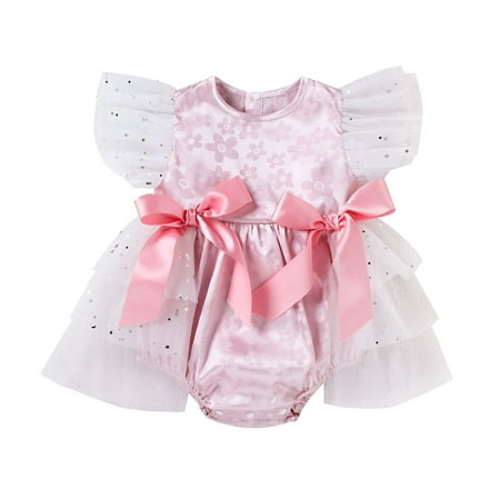 

TAIAOJING Baby Romper Dress Clothes Girl Bow Floral Fly Ruffle Sleeve Tulle Girls Romper&Jumpsuit Onesie Outfit 0-3 Months