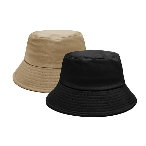 2 Packs Bucket Hat for Women Men Cotton Hats Sun Beach Fishing Travel Outdoor Cap Khaki Black